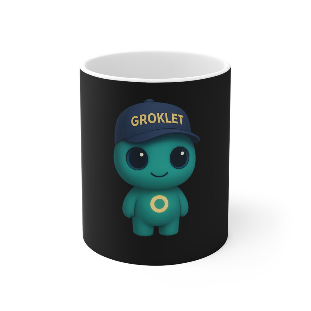 Groklet Cute Mascot Mug — 11oz Coffee Cup with Groklet Cap Design